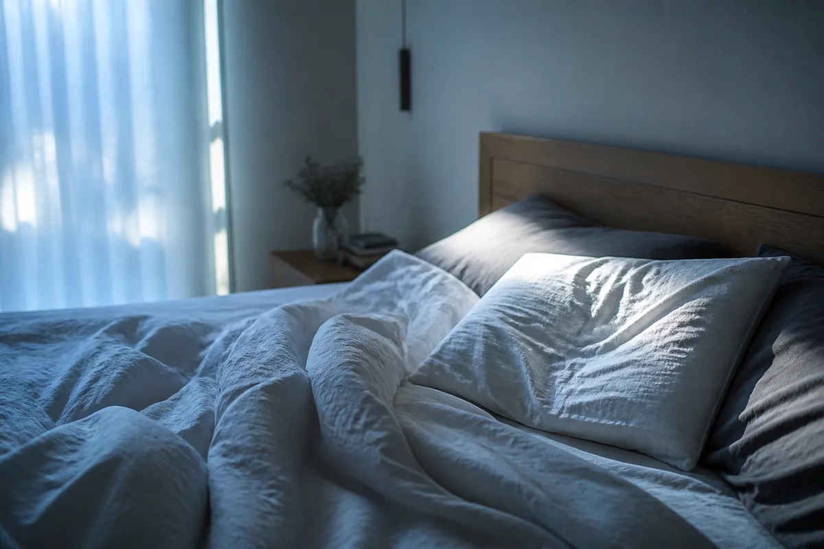 Chambre calme au petit matin avec draps froissés et lumière filtrant par le rideau