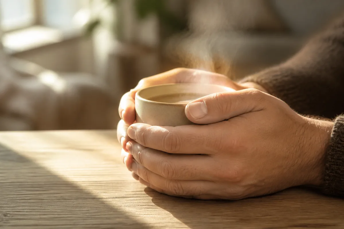 Mains tenant une tasse fumante posée sur une table en bois clair
