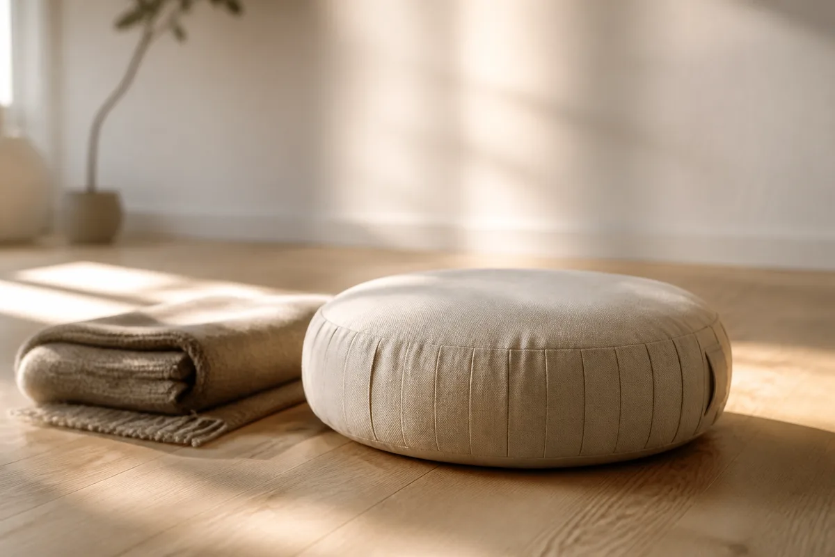 Coussin de méditation posé sur un parquet clair près d’une fenêtre