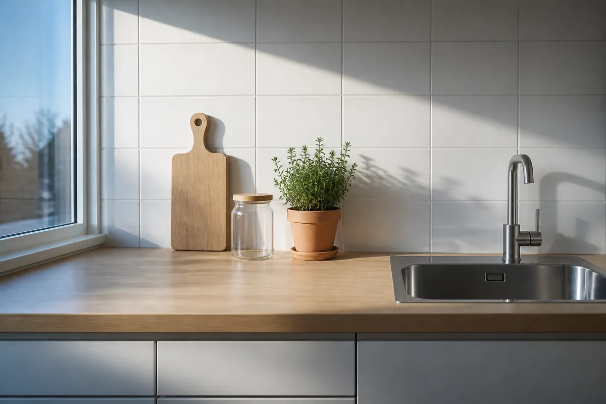 Cuisine calme et rangée au petit matin, plan de travail en bois clair et carrelage blanc