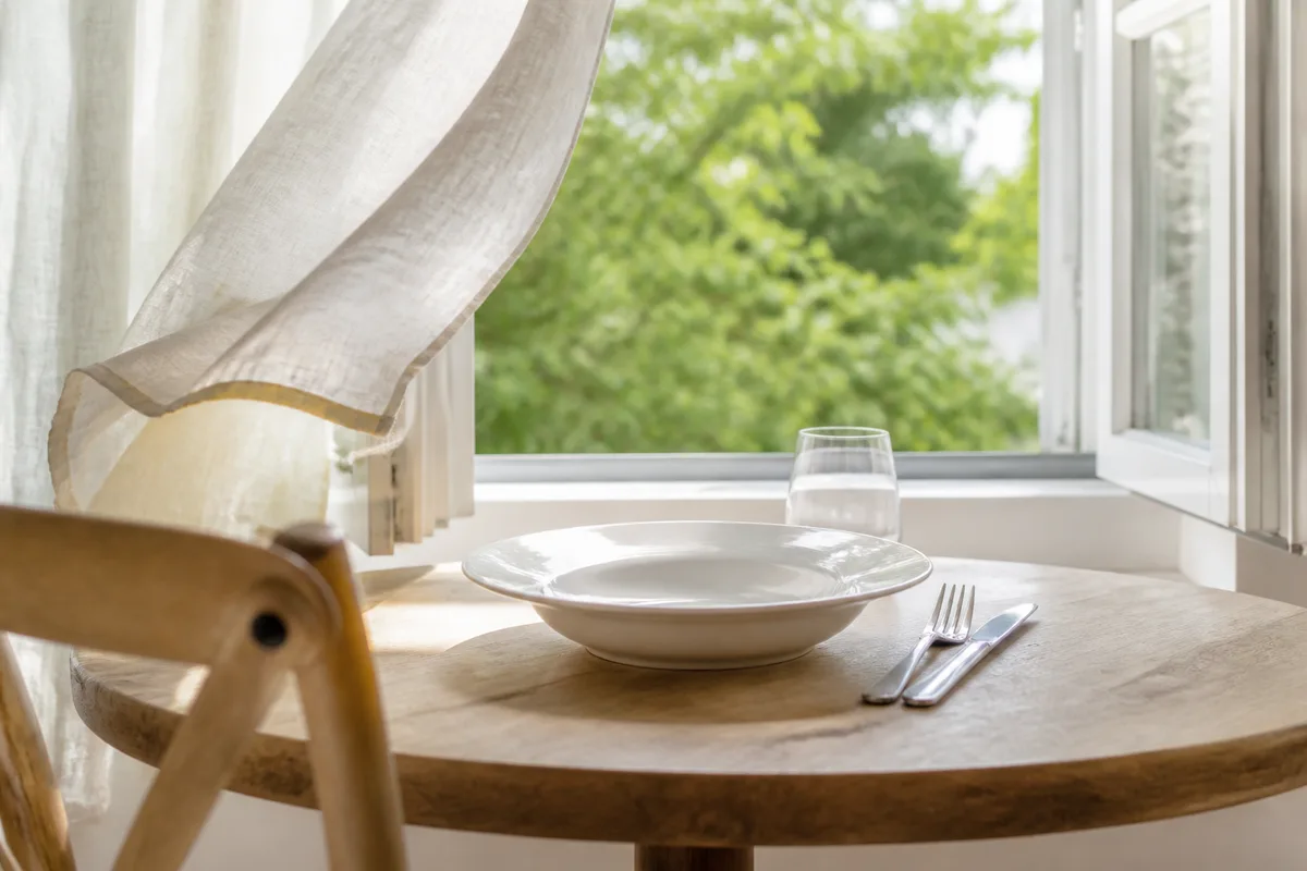 Assiette simple posée sur une table près d&rsquo;une fenêtre ouverte, lumière du jour