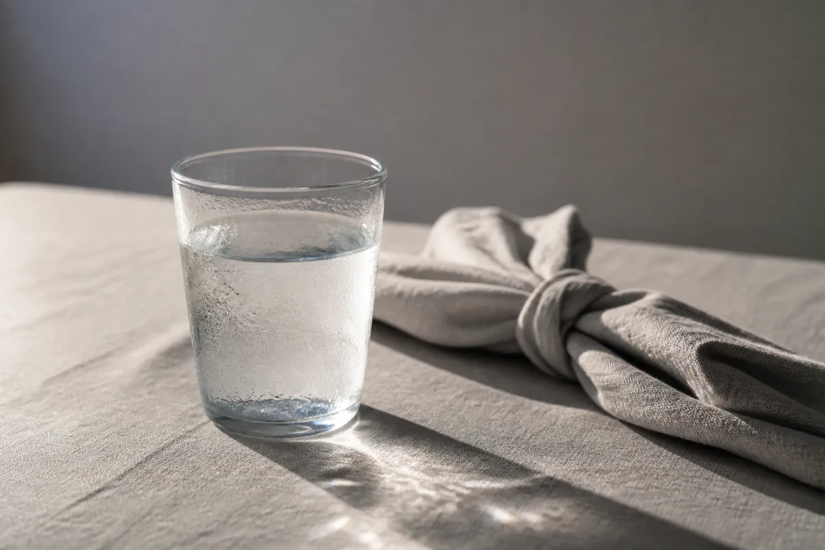 Verre d&rsquo;eau et serviette en lin posés sur une nappe unie, lumière naturelle