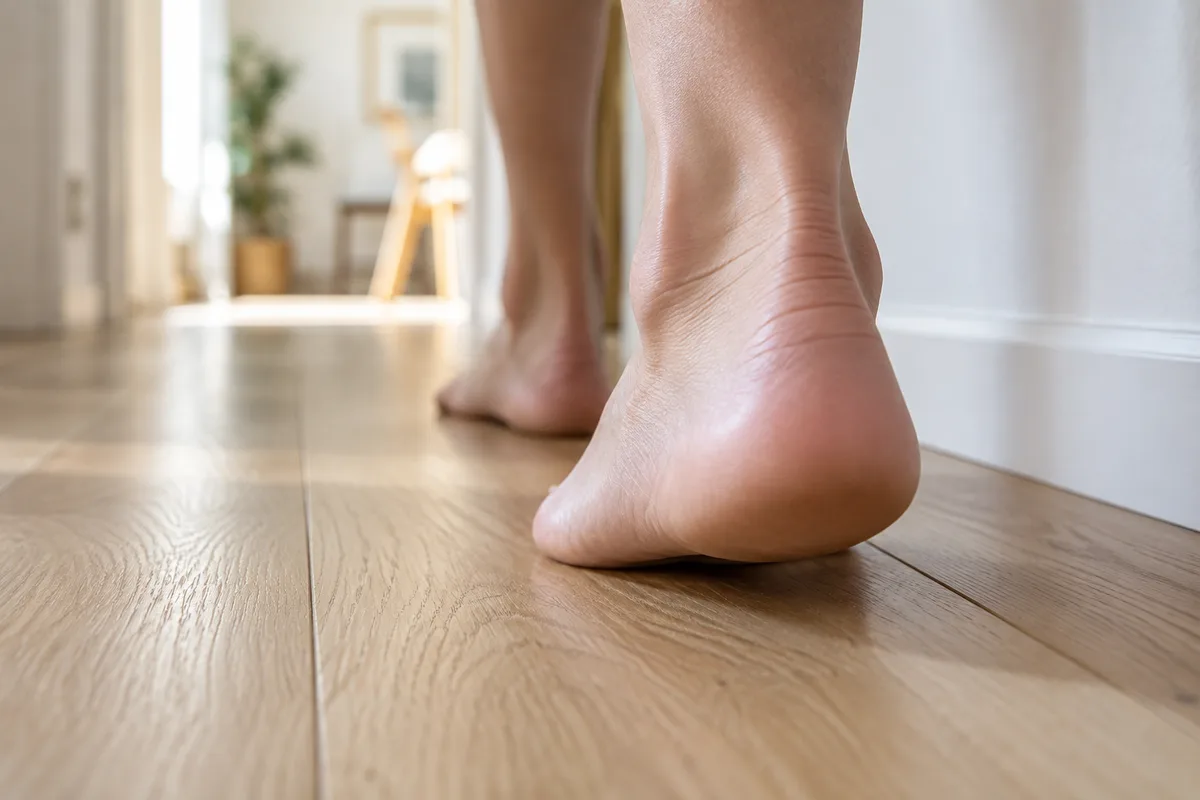 Pied nu posant le talon sur un parquet clair dans un couloir lumineux