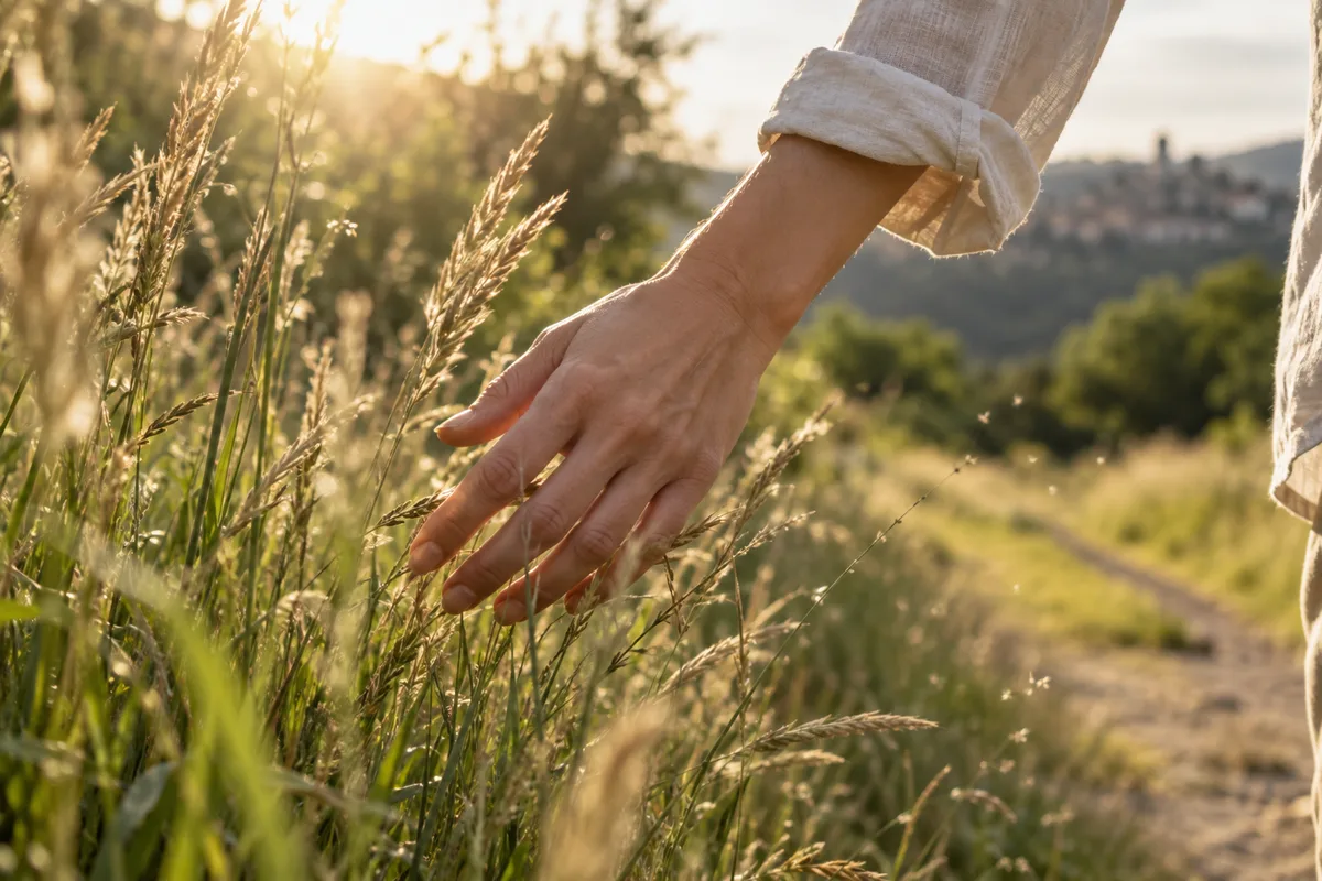 Main effleurant des herbes hautes le long d&rsquo;un chemin en contre-jour