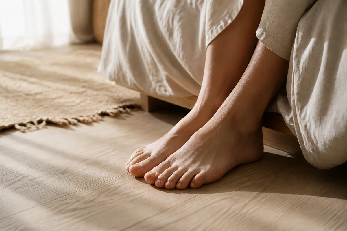 Pieds nus posés sur un parquet clair au pied d&rsquo;un lit le matin
