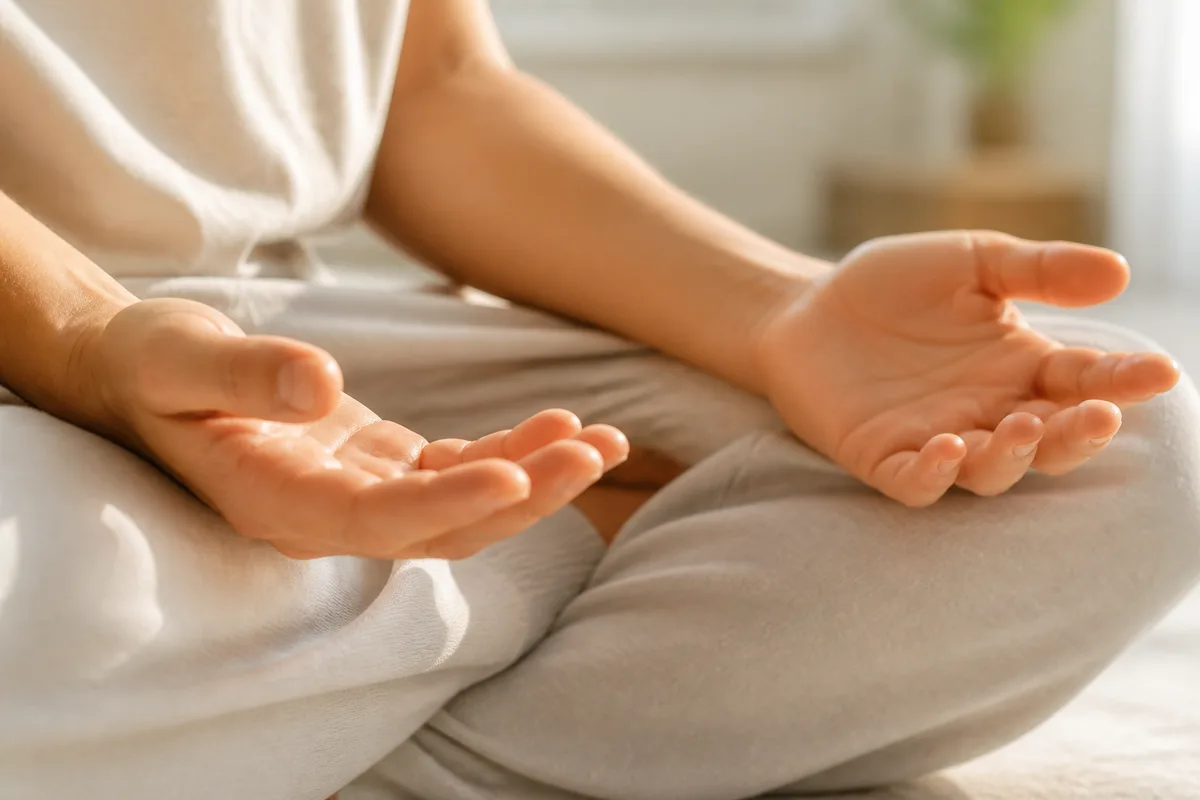 Mains ouvertes posées sur les cuisses pendant une assise de méditation matinale