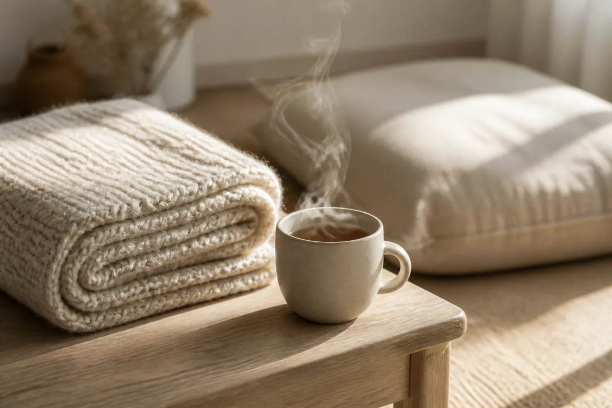 Plaid replié et tasse fumante sur une table basse dans la lumière du matin