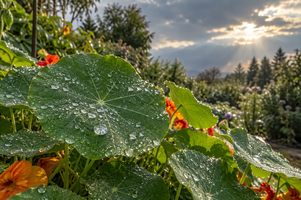 Feuilles de capucine couvertes de gouttes de pluie sous un ciel d’averse qui se dégage