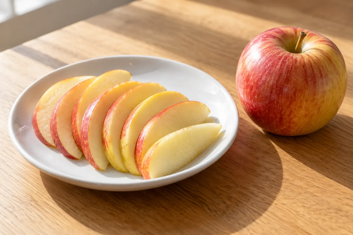 Fines lamelles de pomme dans une assiette en faïence blanche sur une table de cuisine en bois clair