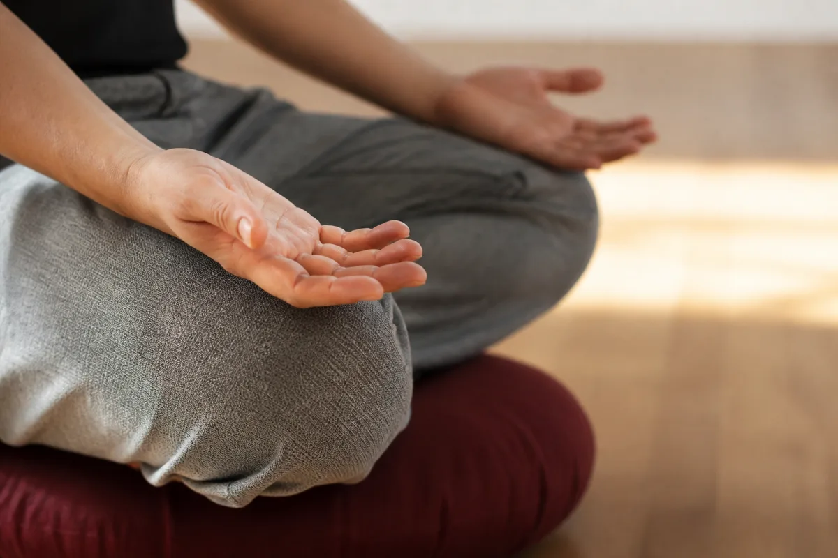 Coussin de méditation posé au sol dans une salle sobre au parquet clair