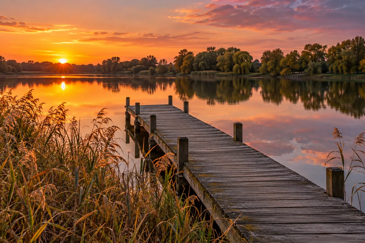 Ponton de bois vide qui s’avance sur un lac lisse en fin de journée, roseaux dorés au premier plan