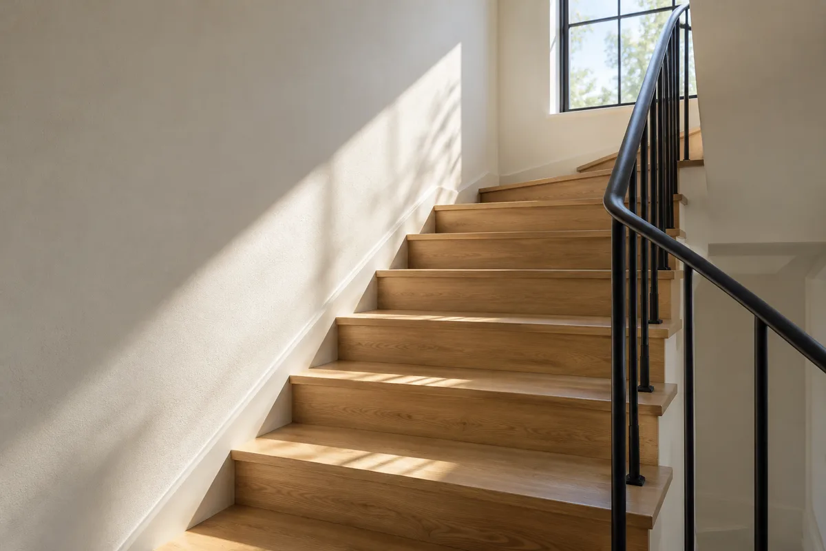Escalier intérieur en bois clair traversé par un rayon de soleil oblique venu d’une fenêtre haute