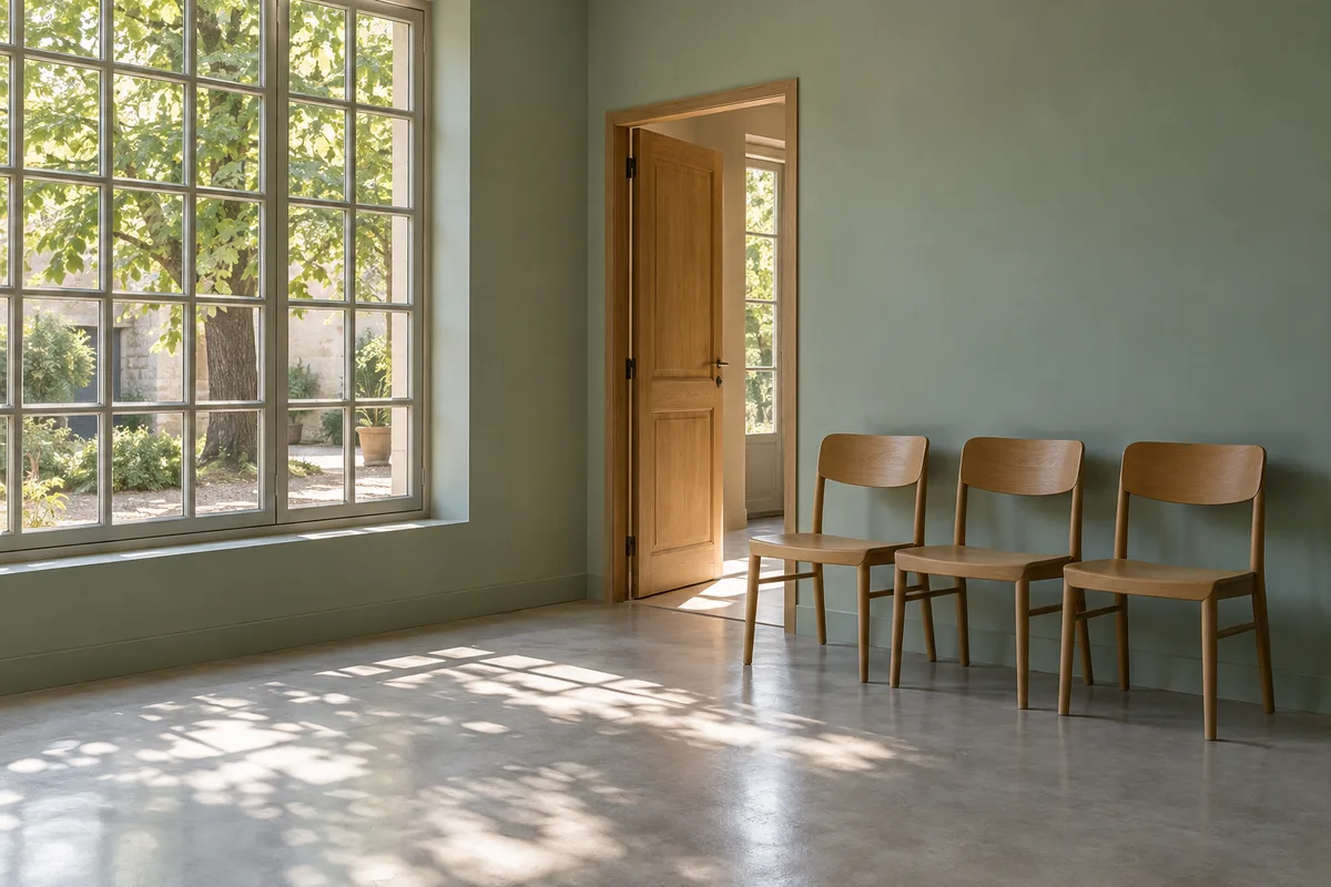 Salle d’attente vide, chaises en bois clair alignées contre un mur vert d’eau et fenêtre sur une cour arborée