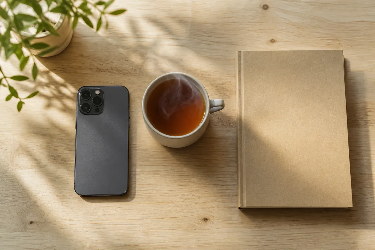 Smartphone posé écran vers le bas sur une table en bois clair, tasse de thé à côté, lumière du matin