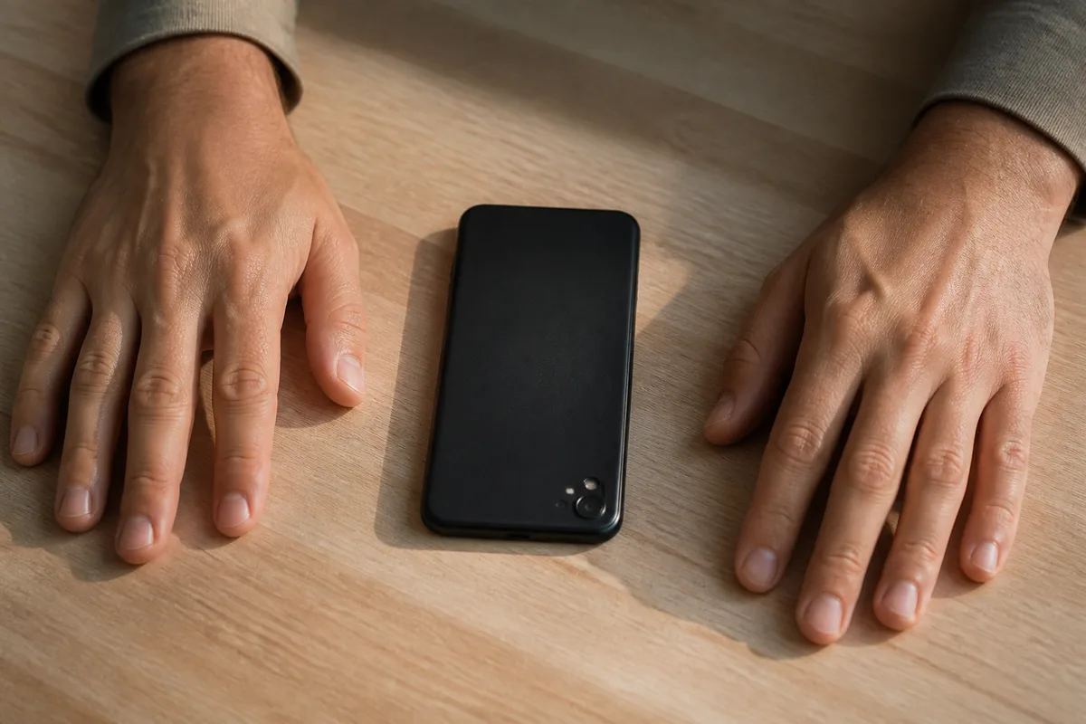 Mains posées à plat sur une table, téléphone retourné à côté, lumière naturelle latérale