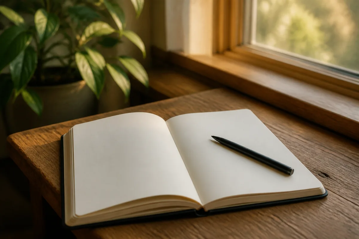 Carnet ouvert et stylo posés près d&rsquo;une fenêtre, plante verte en arrière-plan, lumière douce
