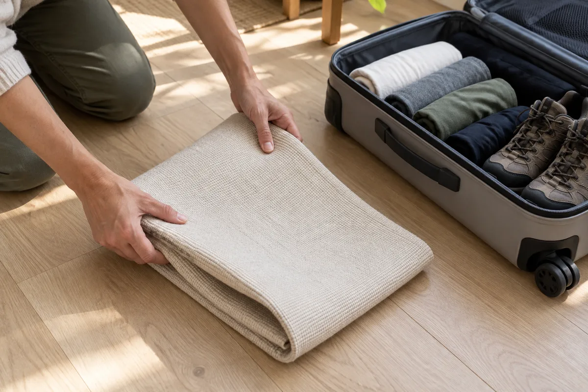 Mains qui plient un tapis de yoga fin en coton écru à côté d’une valise cabine ouverte