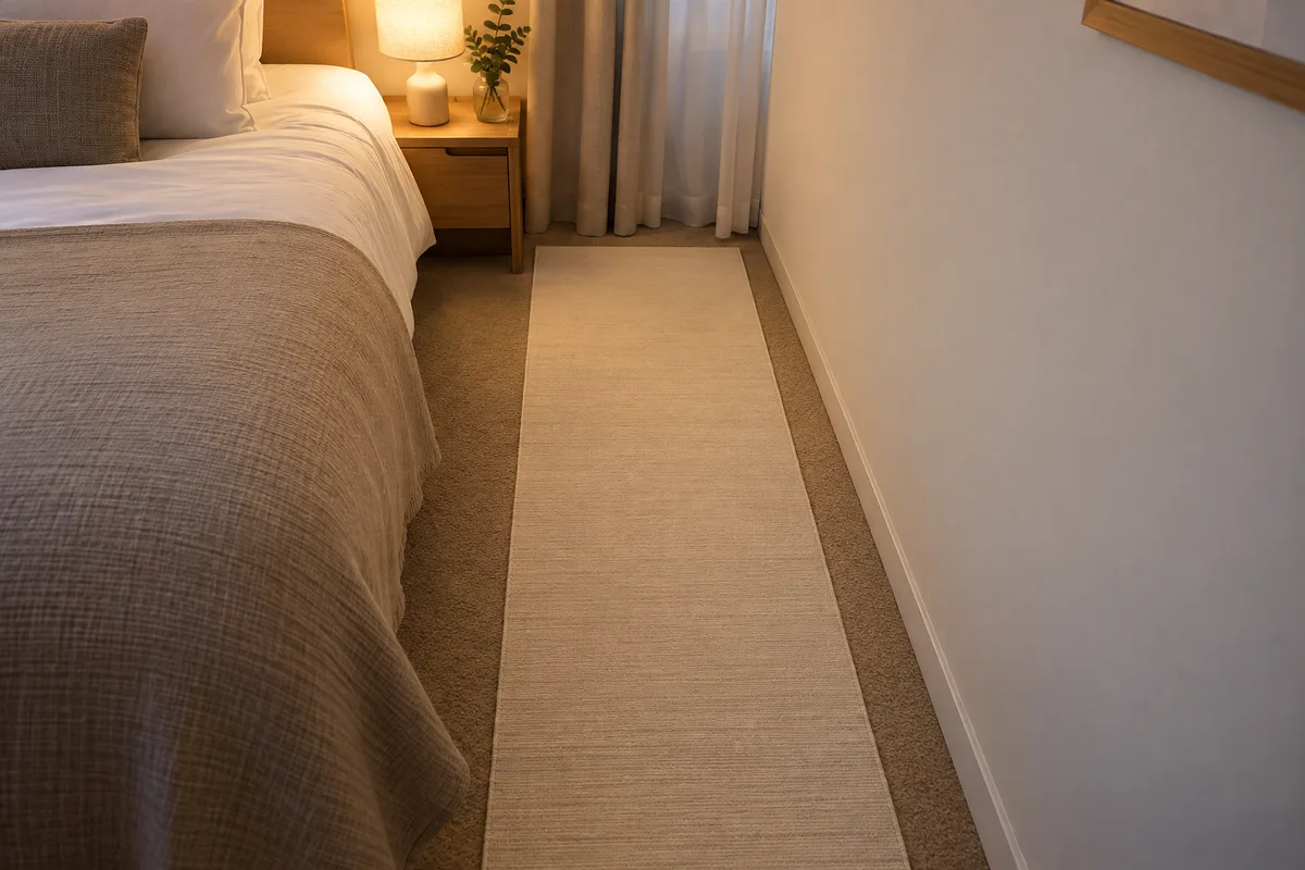 Espace étroit entre un lit d’hôtel et le mur avec un tapis fin déroulé au sol