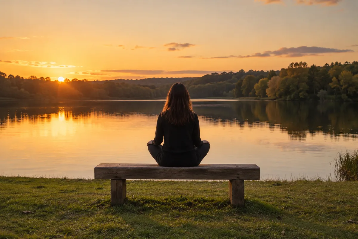 Personne assise en tailleur, vue de dos, sur un banc en bois face à un lac calme